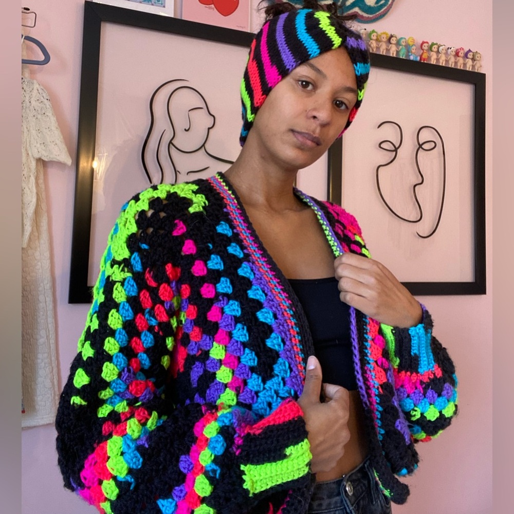 Handmade Crochet Cardigan with Matching Winter Headband Set